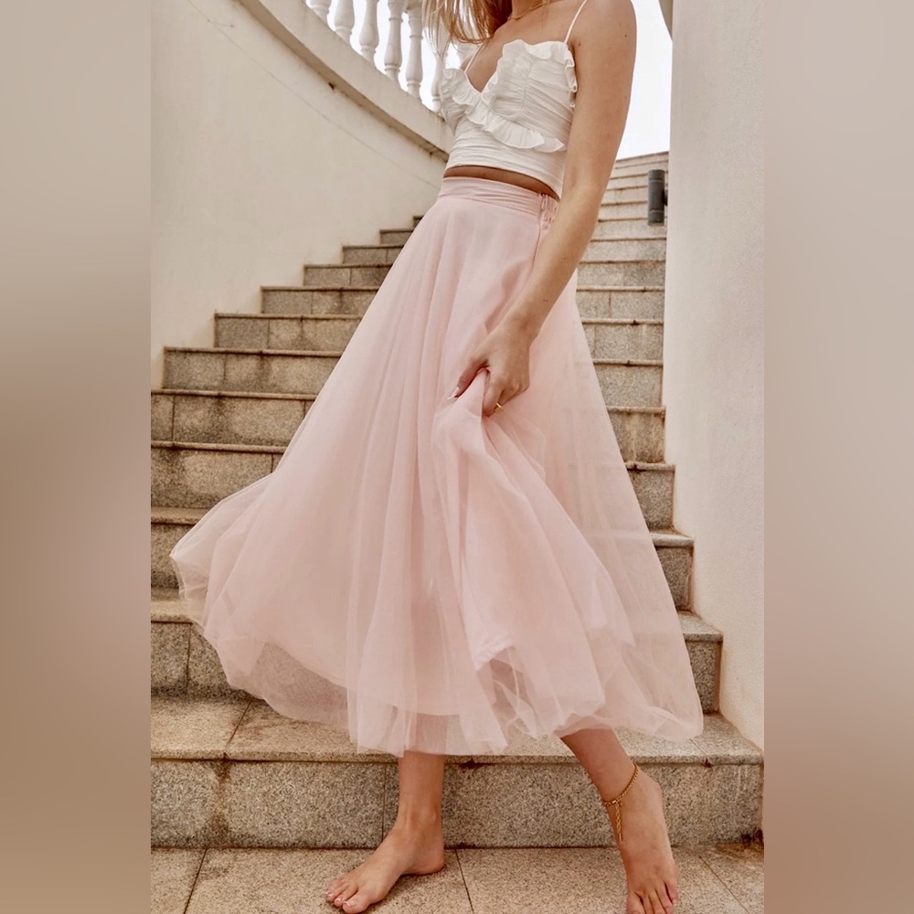 Selfie Leslie Blush Pink Tulle Midi Skirt - Picture 3 of 9